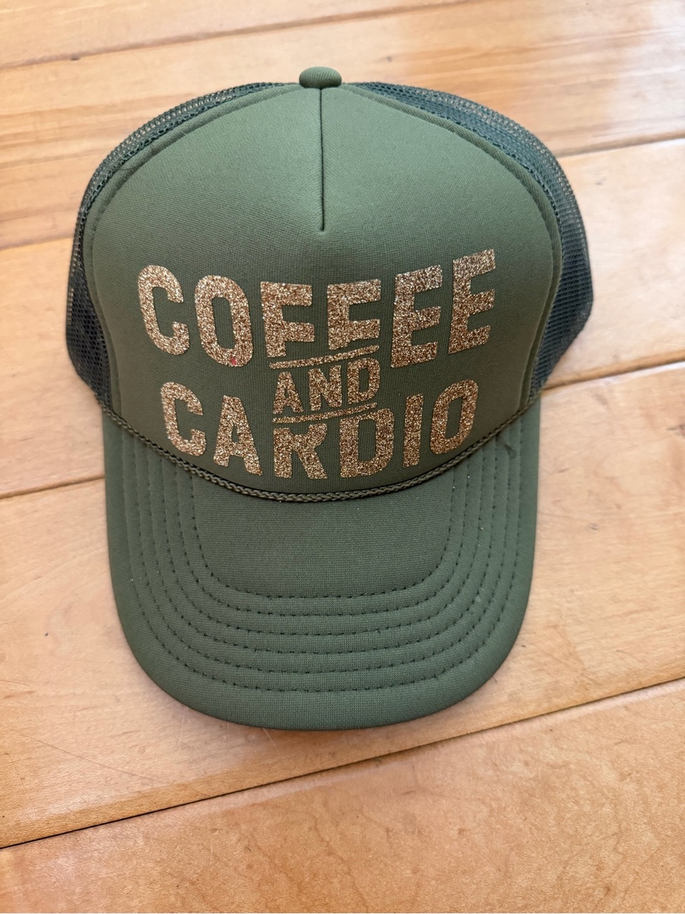 Coffee and Cardio Trucker Hat - Olive Green with Gold Glitter